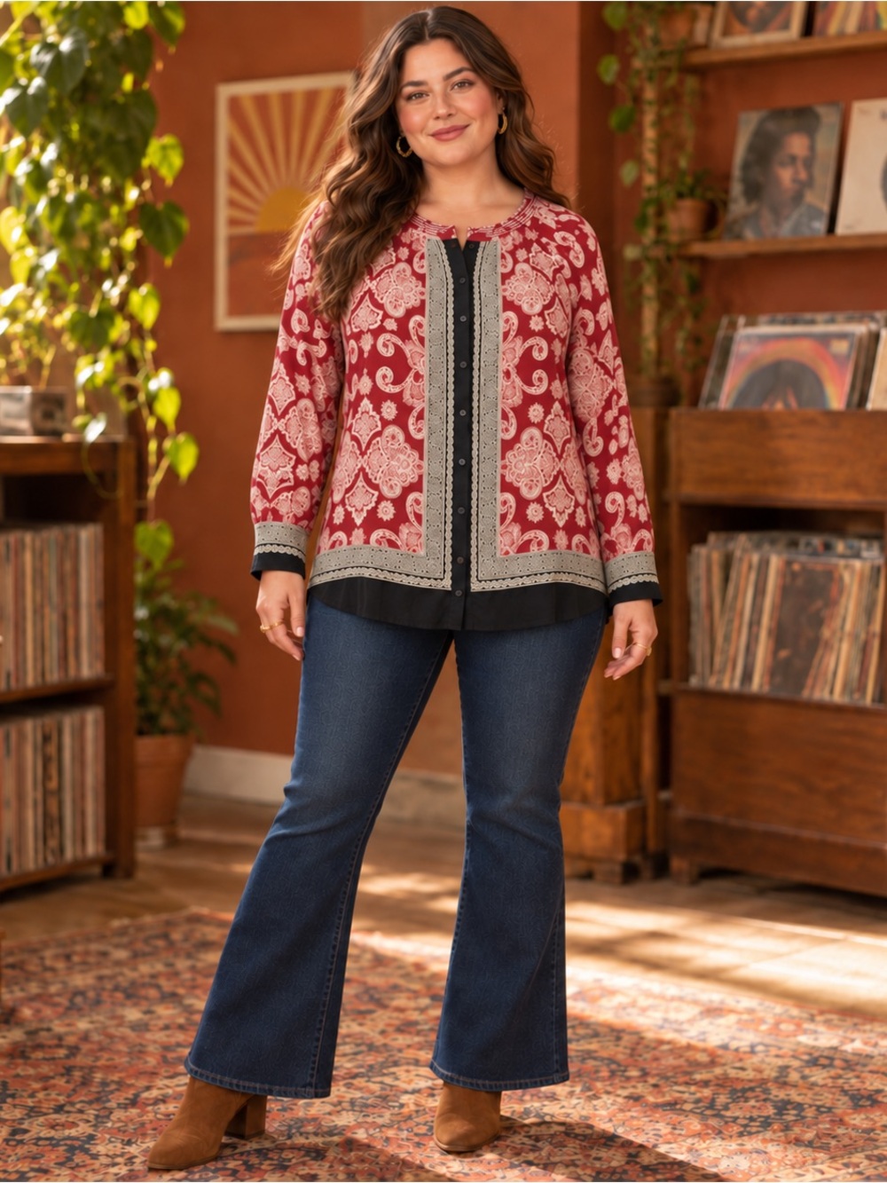 Lucky Brand 2X Burgundy Paisley Border Print Boho Button Front Blouse